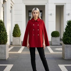 Forever 21 Red Cape Coat – Elegant Military Style Cape Jacket Women’s Size L